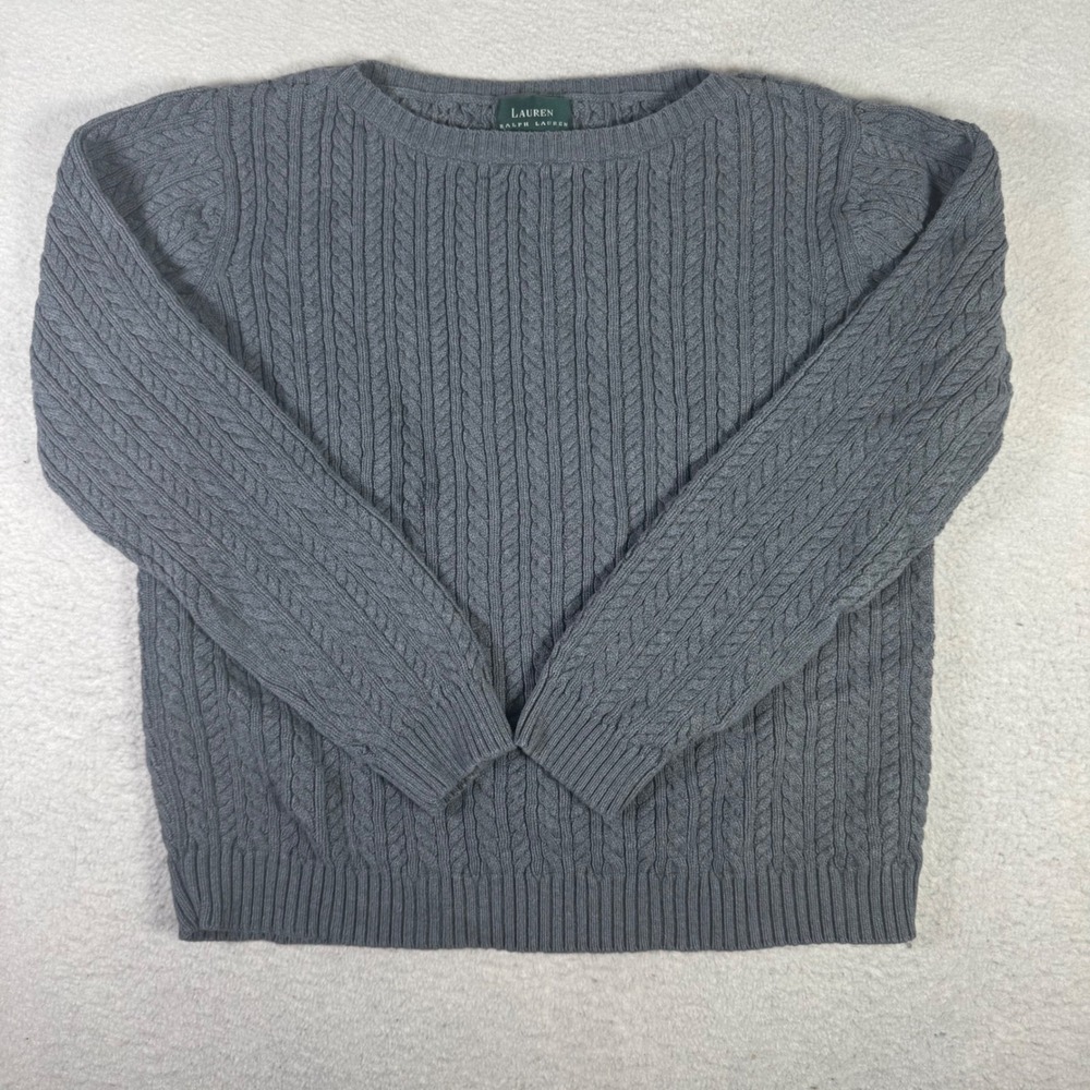 Lauren Ralph Lauren Sweater Womens XL Grey Good Cable Knit Cotton Crew Neck